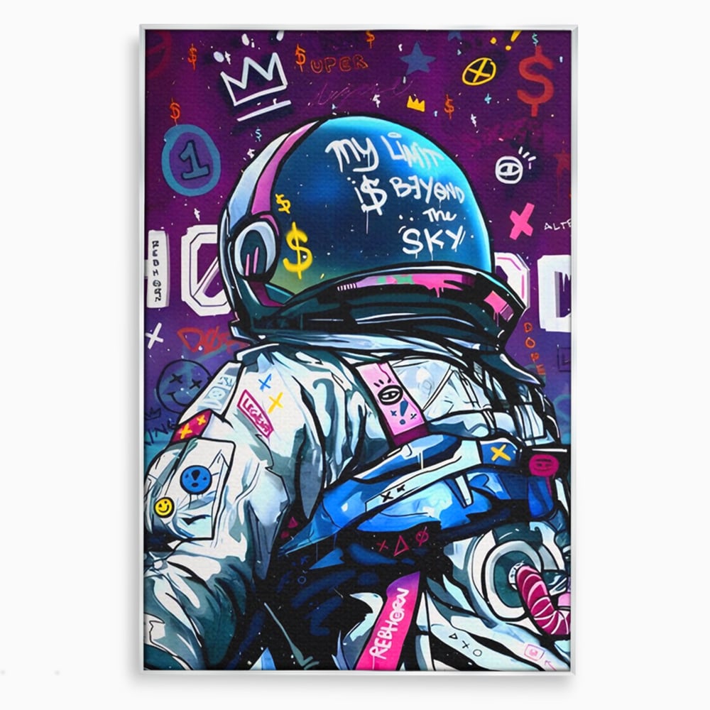 Tablou canvas cu tablou canvas cu astronaut graffiti, in rama de aluminiu argintiu